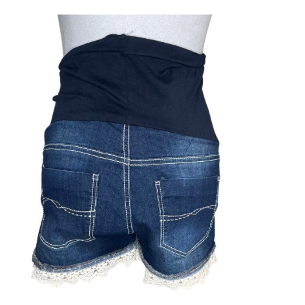 BELLA VIDA Soft Girl Lace Hem Maternity Denim Shorts Distressed Dark Wash S - Picture 4 of 8